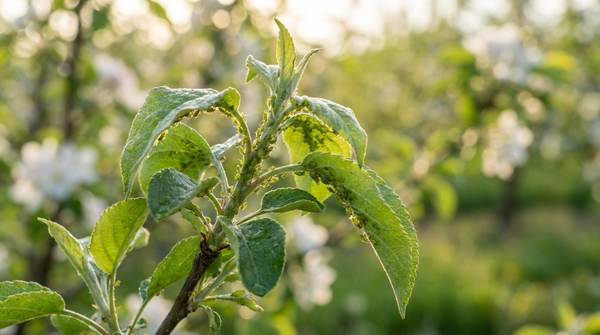 Apfelbaum Zweig mit gekräuselten Blättern und sichtbarem Blattlausbefall im Frühling