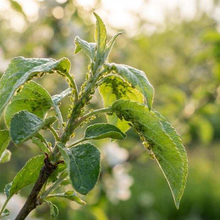 Apfelbaum Zweig mit gekräuselten Blättern und sichtbarem Blattlausbefall im Frühling