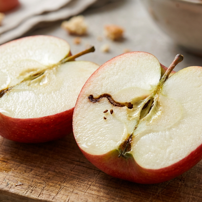 Aufgeschnittener roter Apfel mit einem Fraßgang des Apfelwicklers auf einem Holztisch