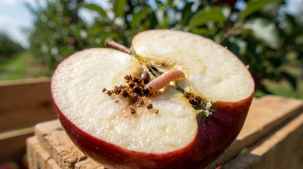 Aufgeschnittener Apfel mit einer fleischfarbenen Apfelwickler-Raupe und braunen Kotkrümeln im zerstörten Kerngehäuse