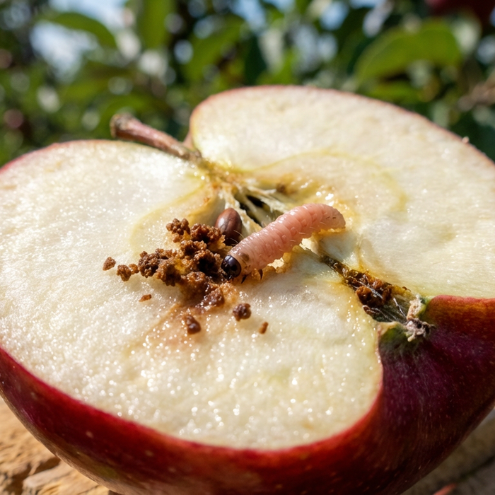Aufgeschnittener Apfel mit einer fleischfarbenen Apfelwickler-Raupe und braunen Kotkrümeln im zerstörten Kerngehäuse