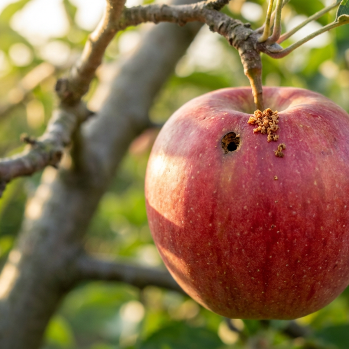 Roter Apfel am Baum mit typischem Bohrloch und braunen Kotkrümeln des Apfelwicklers