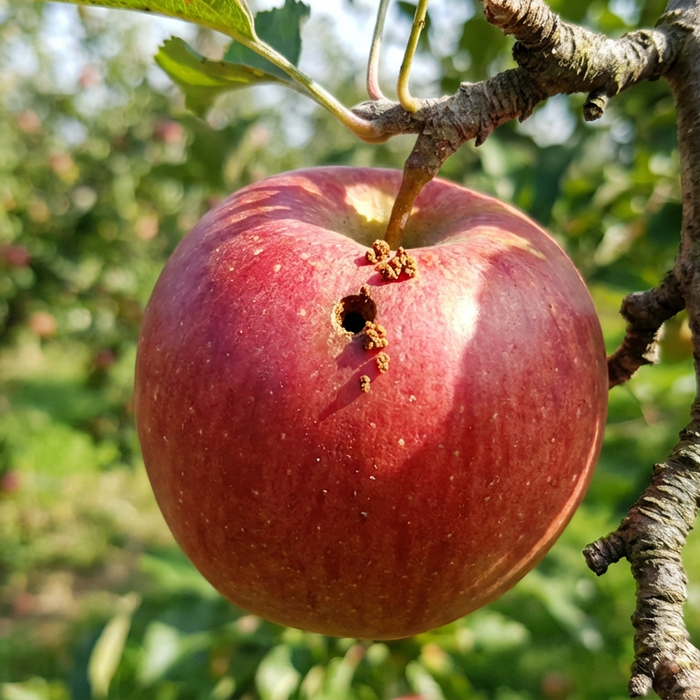 Roter Apfel am Baum mit typischem Bohrloch und braunen Kotkrümeln des Apfelwicklers