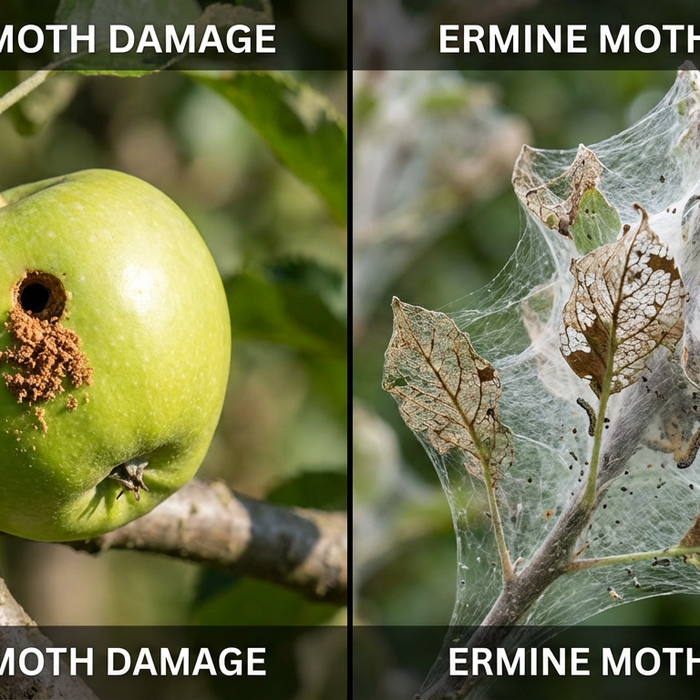 Vergleichs-Bild zwischen einem vom Apfelwickler befallenen Apfel und einem von der Gespinstmotte eingesponnenen Ast