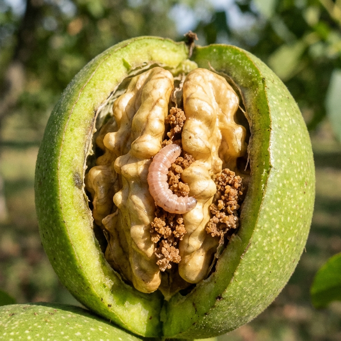 Apfelwickler Raupe in einer befallenen Walnuss mit sichtbaren Fraßspuren