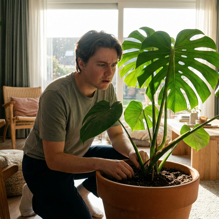 Besorgte Person betrachtet die Blumenerde einer Zimmerpflanze auf der Suche nach Schädlingen