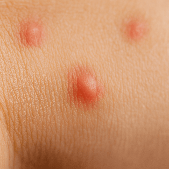 Flohbisse auf menschlicher Haut: Drei stark gerötete, leicht geschwollene Stiche in typischer Floh-Anordnung auf heller Haut. Medizinisches Makrobild zur Erkennung von Flohbiss-Symptomen.