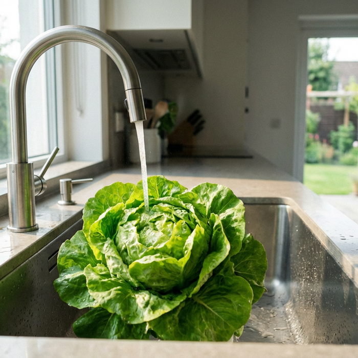 Frischer grüner Kopfsalat wird in einer modernen Küche unter fließendem Wasser gewaschen