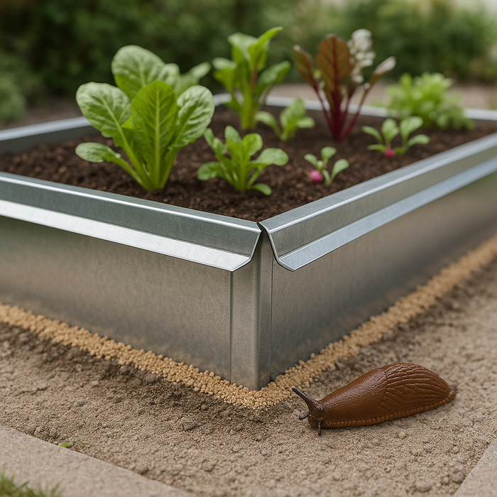 Hochbeet mit Schneckenzaun und Eisen-III-Phosphat-Barriere schützt junge Salatpflanzen vor Nacktschnecken im Garten – effektive Schneckenabwehr.
