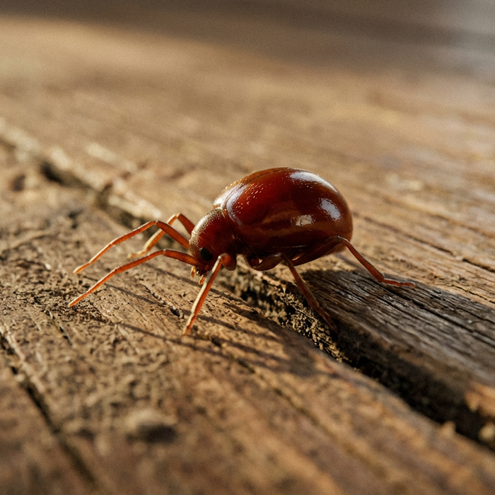 Nahaufnahme eines rötlich-braunen Kugelkäfers auf einem rustikalen Holzboden in einem Altbau