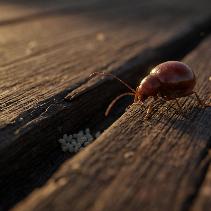 Ein glänzender Kugelkäfer krabbelt auf alten Holzdielen nahe einer Ritze mit versteckten Eiern