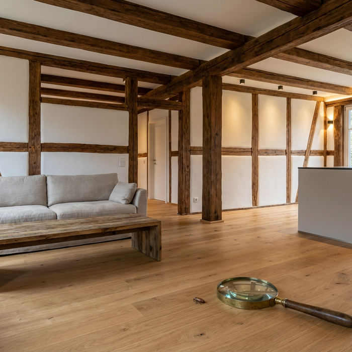 Modern saniertes Fachwerkhaus von innen mit Lupe auf dem Holzboden als Symbol für versteckte Kugelkäfer in der Wohnung