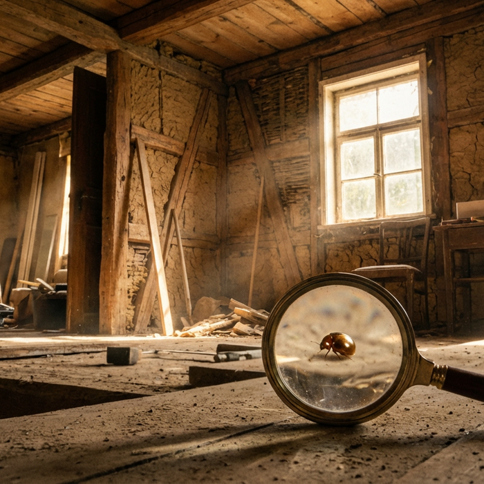 Kugelkäfer Befall in einem alten Fachwerkhaus während der Sanierung