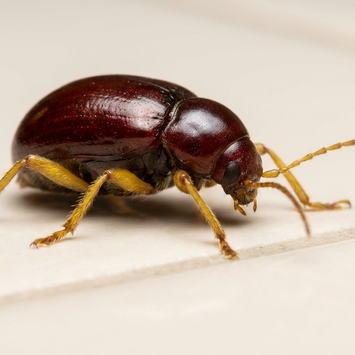 Nahaufnahme eines glänzenden, rotbraunen Kugelkäfers auf einer hellen Badezimmerfliese