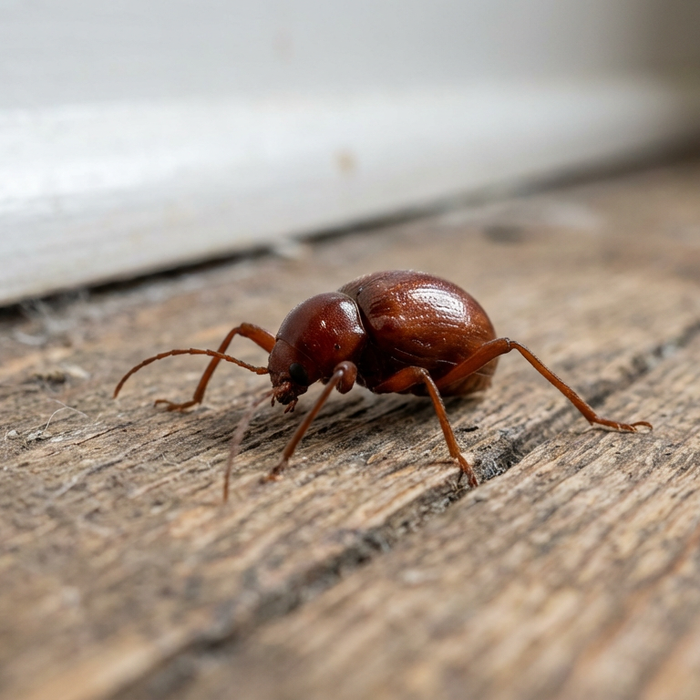 Rötlich glänzender Kugelkäfer krabbelt auf einem Holzboden an der Fußleiste