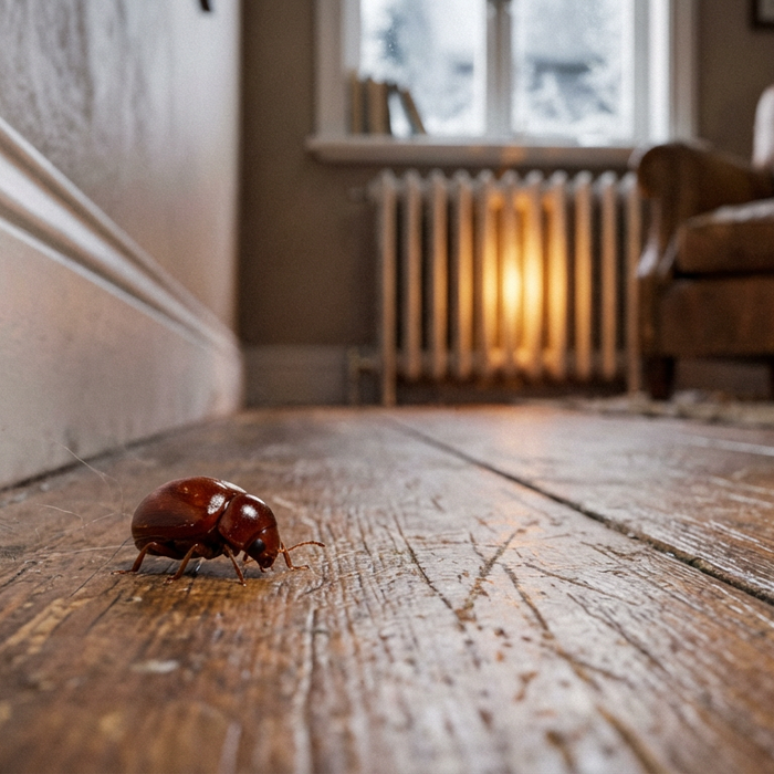 Ein Kugelkäfer krabbelt im Winter auf dem Holzboden eines gemütlich beheizten Altbaus
