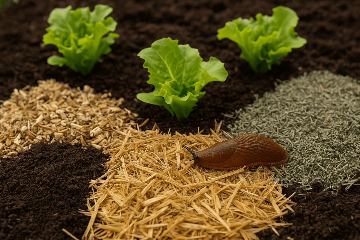 Gemüsebeet mit verschiedenen Mulchmaterialien – darunter Stroh, Kaffeesatz, Miscanthus und Kräuter – mit brauner Nacktschnecke im Vordergrund zwischen jungen Salatpflanzen