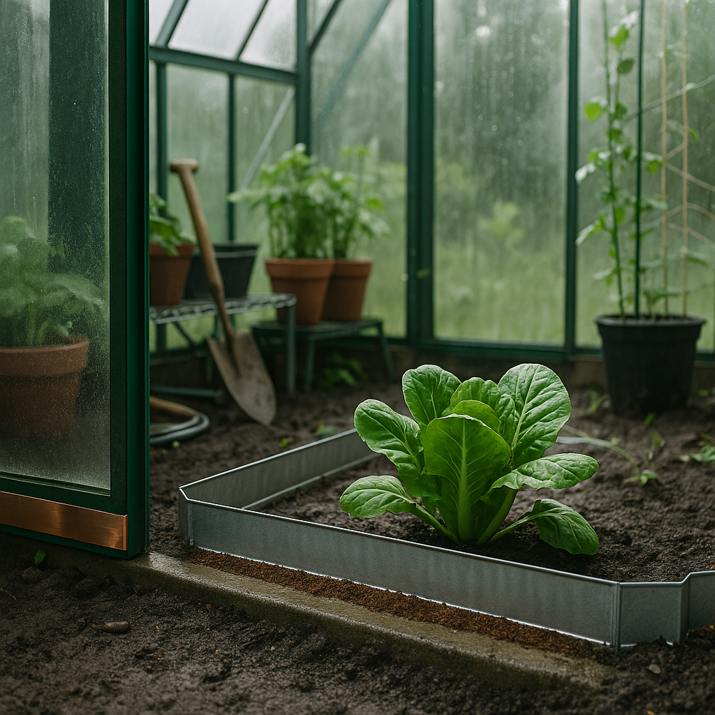 Innenansicht eines modernen Gewächshauses mit Kupferbändern an Türen, Schneckenzäunen aus Metall, Topfpflanzen, Schläuchen und Gartengeräten – effektive Schneckenabwehr durch physikalische Barrieren in feuchtem Klima.