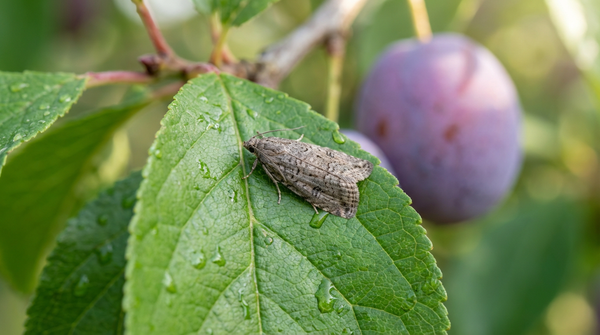Pflaumenwickler Falter ruht auf einem grünen Blatt eines Zwetschgenbaums