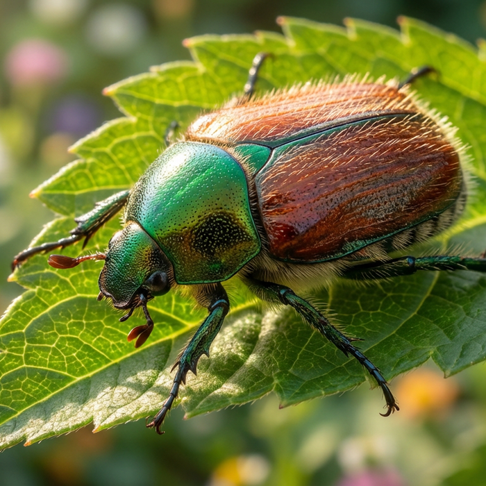 Gartenlaubkäfer Nahaufnahme auf einem Blatt mit metallisch grünem Halsschild