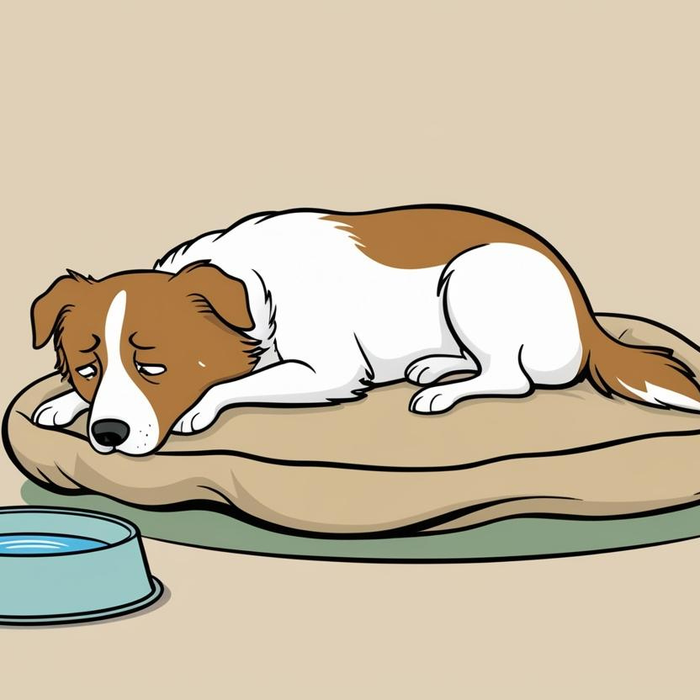 Illustration eines traurigen, kranken Hundes mit braun-weißem Fell, der auf einem Hundebett liegt und erschöpft aussieht. Vor ihm steht ein voller Wassernapf, aber er scheint zu schwach oder unmotiviert zu sein, um zu trinken.