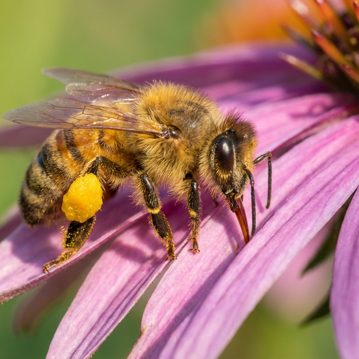 Eine Honigbiene sammelt Nektar und Pollen auf einer bunten Blüte