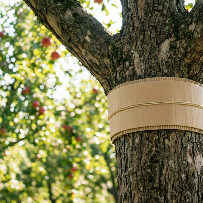 Ein Apfelbaumstamm mit einem angebrachten Fanggürtel aus Wellpappe zum Schutz vor dem Apfelwickler in einem sonnigen Garten.