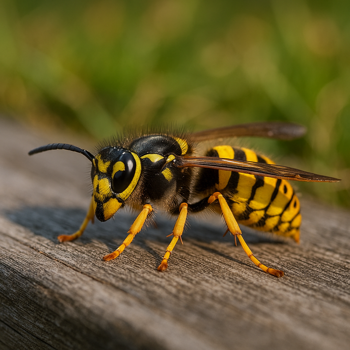 Wespenkönigin auf Holz – Nahaufnahme zur sicheren Erkennung im Frühling, typisches Merkmal: große Körperlänge, gelb-schwarze Zeichnung