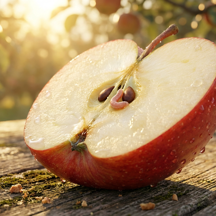 Ein aufgeschnittener Apfel mit einer kleinen fleischfarbenen Raupe des Apfelwicklers im Kerngehäuse, der typische Wurm im Apfel.