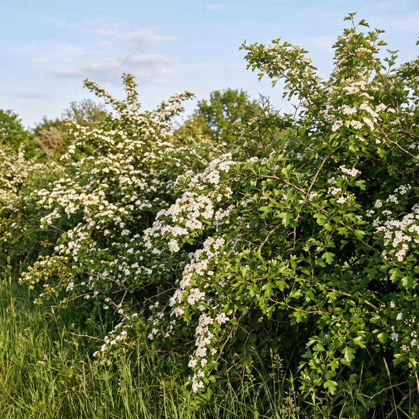 Eingriffeliger Weißdorn als naturnahe, dornige Hecke in voller weißer Blüte im Mai – KI-generierte Beispielabbildung