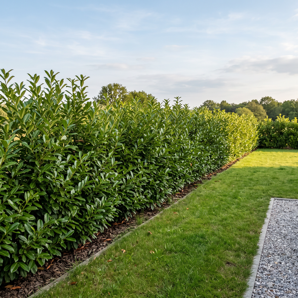 Kirschlorbeer 'Elly' als kompakte, aufrechte Hecke von etwa 1,5 m Höhe im Garten – KI-generierte Beispielabbildung