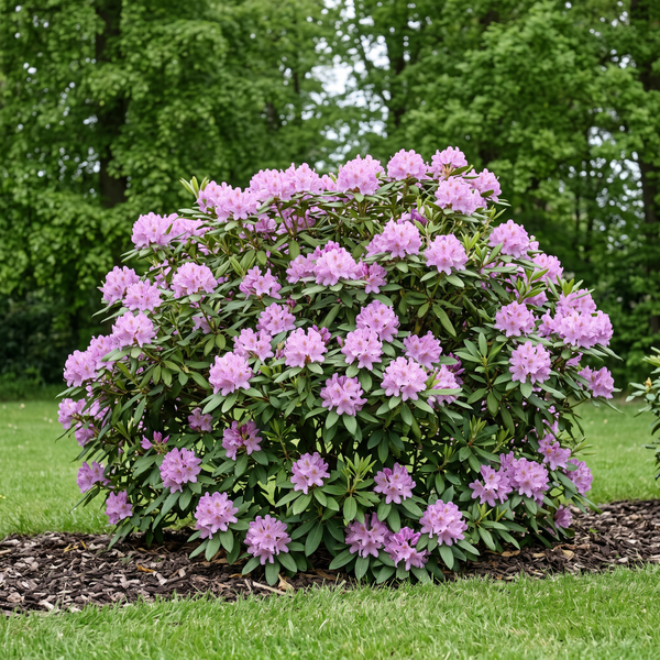 Rhododendron 'Roseum Elegans' mit lilarosa Blüten als blühender Strauch im Gartenbeet – KI-generierte Beispielabbildung