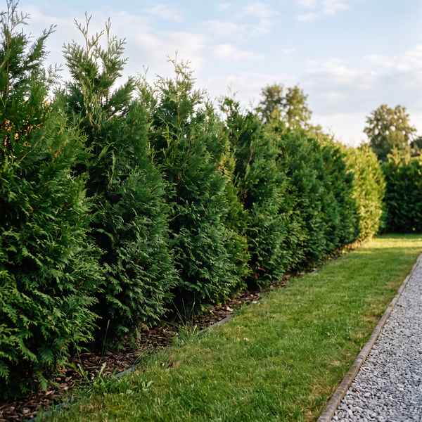 Riesen-Lebensbaum 'Excelsa' als dunkelgrüne, etwa 2 m hohe Thuja-Hecke im Garten – KI-generierte Beispielabbildung
