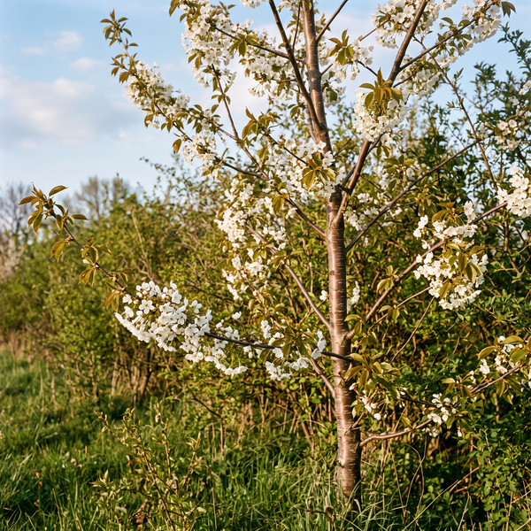 Vogelkirsche in weißer Blüte als junger Baum in einer naturnahen Feldhecke im Frühling – KI-generierte Beispielabbildung
