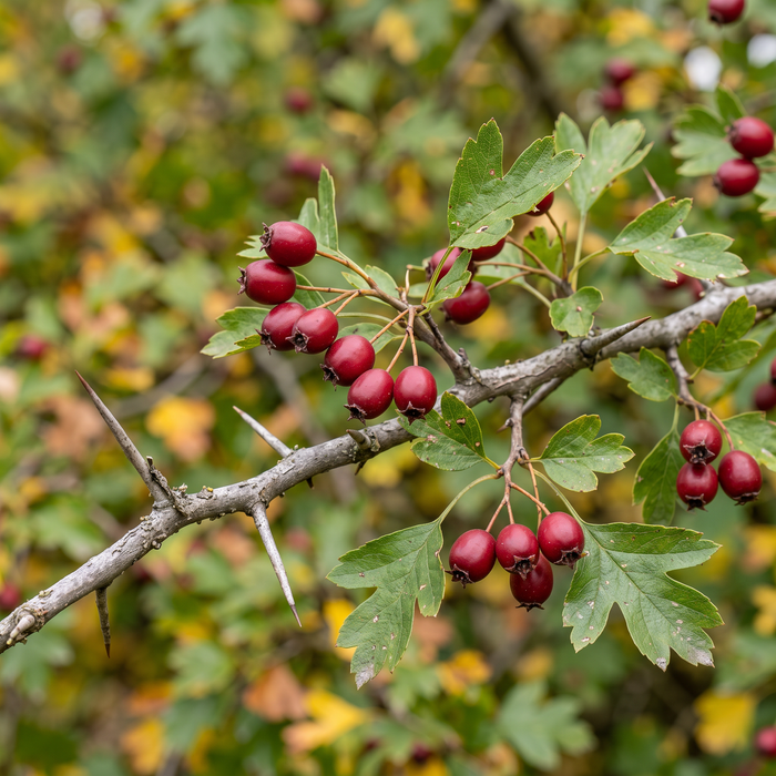 Nahaufnahme Eingriffeliger Weißdorn (Crataegus monogyna): gelappte Blätter, Dornen und rote Früchte im Herbst – KI-generierte Beispielabbildung