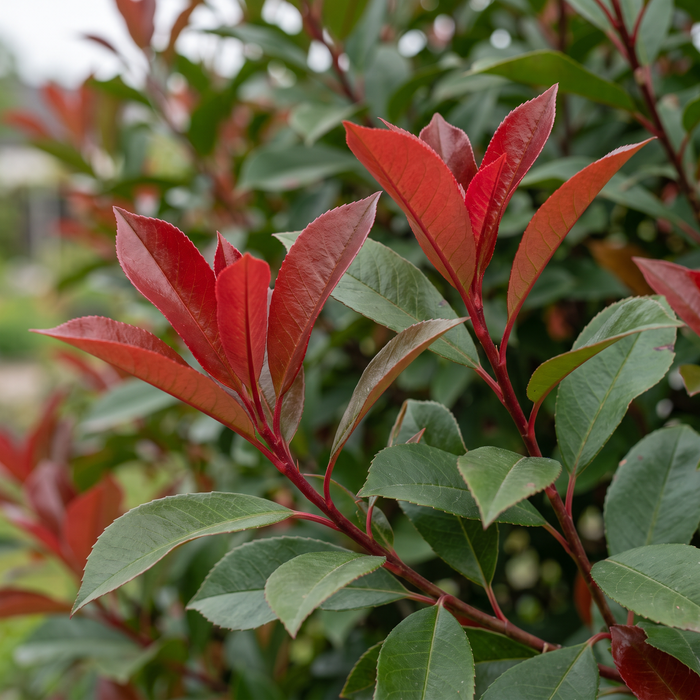 Nahaufnahme Glanzmispel 'Carré Rouge' (Photinia × fraseri 'Carré Rouge'): leuchtend roter Austrieb und dunkelgrünes Laub – KI-generierte Beispielabbildung