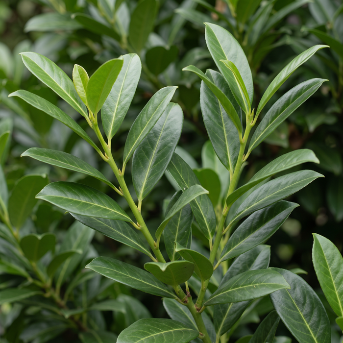 Nahaufnahme Kirschlorbeer 'Bonaparte' (Prunus laurocerasus 'Bonaparte'): Blätter und Triebe – KI-generierte Beispielabbildung