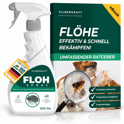 Floh Spray für Haustiere – Produktflasche mit Katze und Hund, Hinweis auf schnelle und effektive Flohbekämpfung