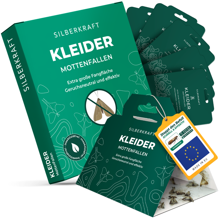 Produktbild der Silberkraft Kleider-Mottenfallen (6er-Pack) mit großer Fangfläche, geruchloser Lockwirkung und Made-in-EU-Siegel.