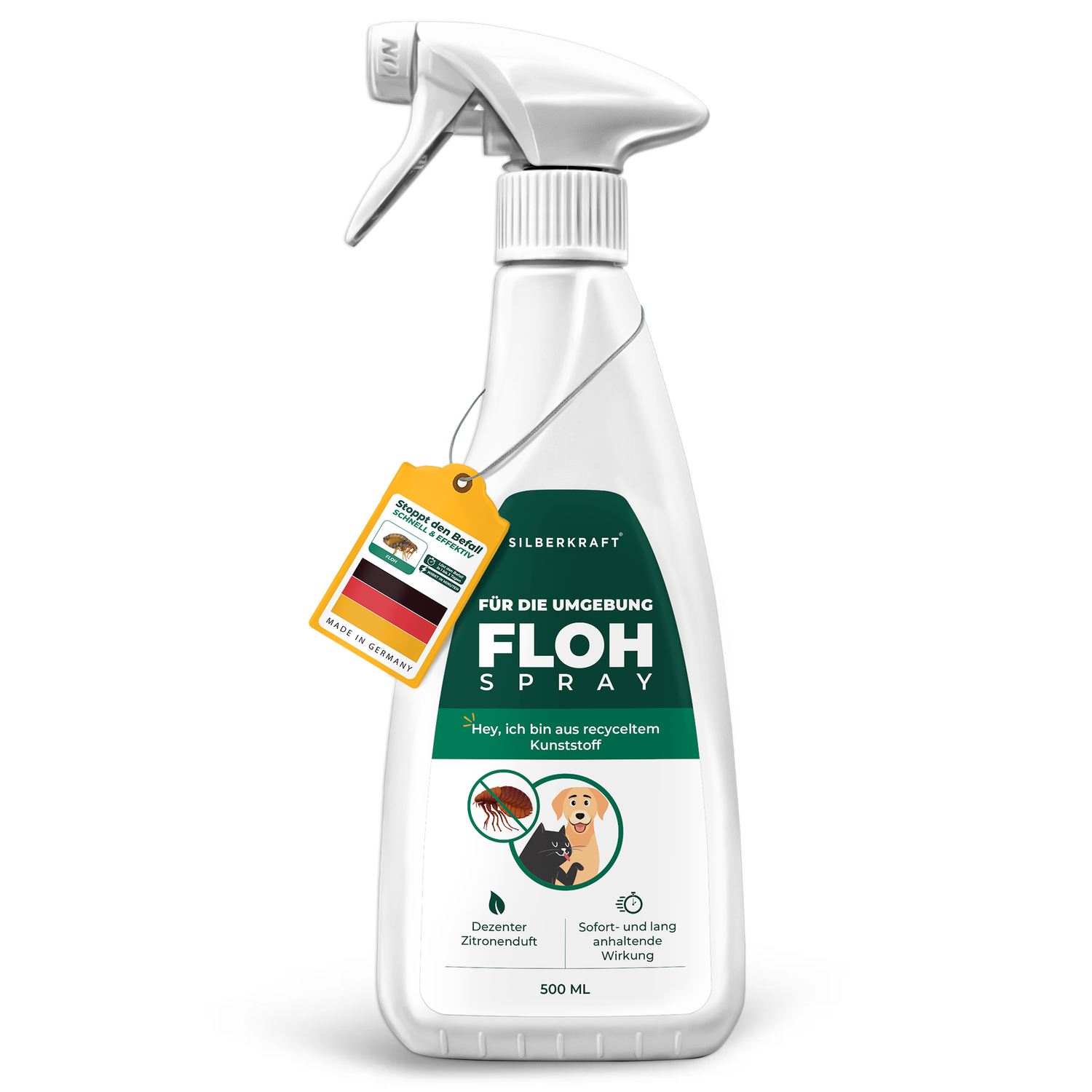 Silberkraft Flohspray für die Umgebung – effektives Anti-Floh-Spray mit dezentem Zitronenduft, sofortiger und langanhaltender Wirkung. Nachhaltige Verpackung aus recyceltem Kunststoff. Made in Germany. Perfekt für Haustierbesitzer zur Bekämpfung von Flöhen in der Umgebung.