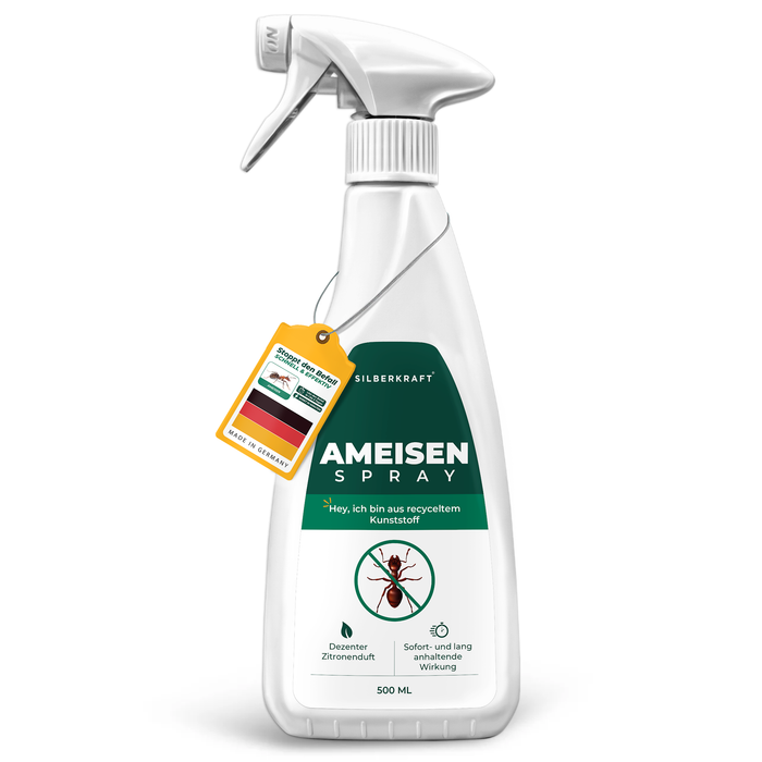 Silberkraft Ameisenspray in einer weißen Sprühflasche mit grünem Etikett und einem Ameisensymbol, mit der Aufschrift "Ameisenspray".