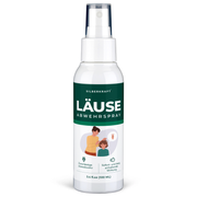 Läuse-Abwehrspray von Silberkraft in einer weißen Sprühflasche mit grün-weißem Etikett. Auf dem Etikett sind der Produktname, eine Illustration einer Mutter mit Kind sowie Symbole für die Wirksamkeit gegen Läuse zu sehen. Enthält 100 ml