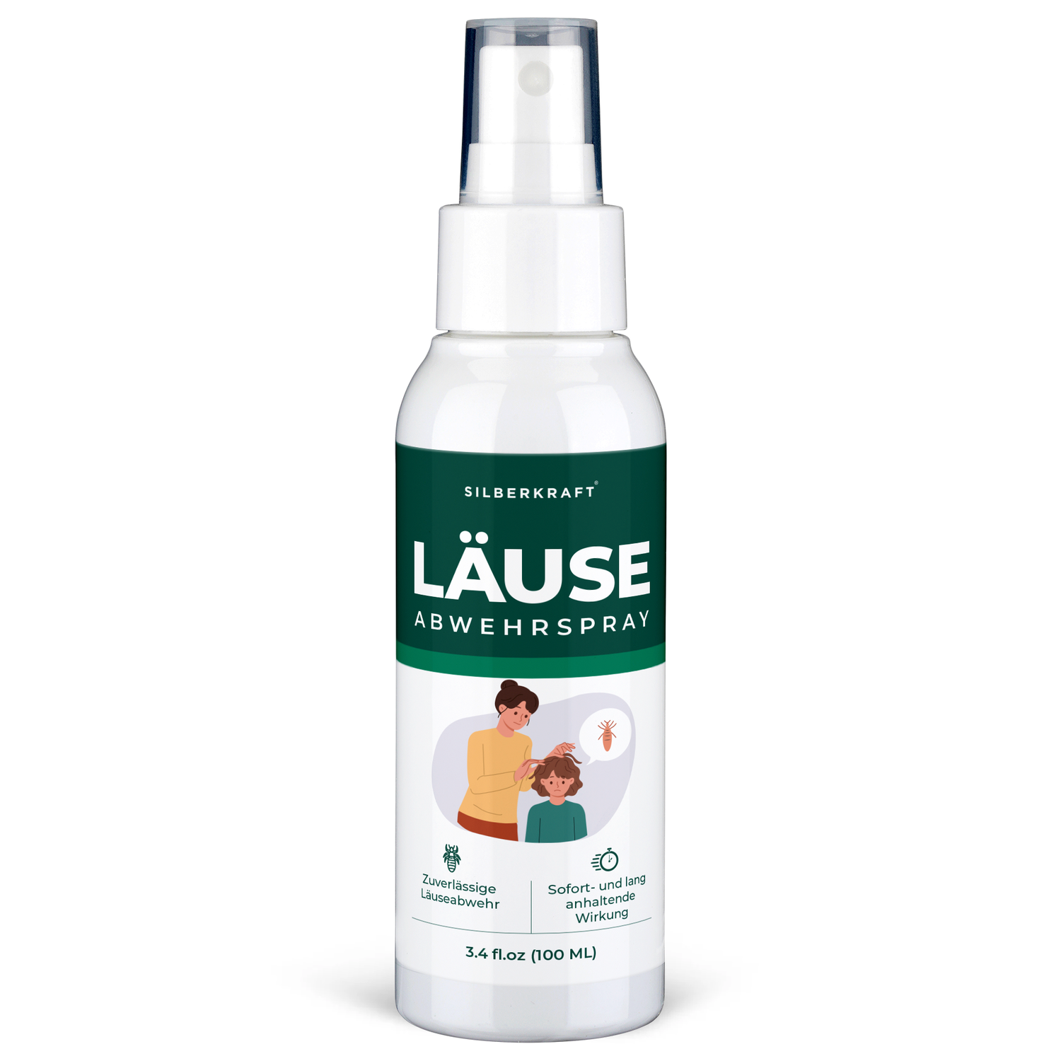 Läuse-Abwehrspray von Silberkraft in einer weißen Sprühflasche mit grün-weißem Etikett. Auf dem Etikett sind der Produktname, eine Illustration einer Mutter mit Kind sowie Symbole für die Wirksamkeit gegen Läuse zu sehen. Enthält 100 ml