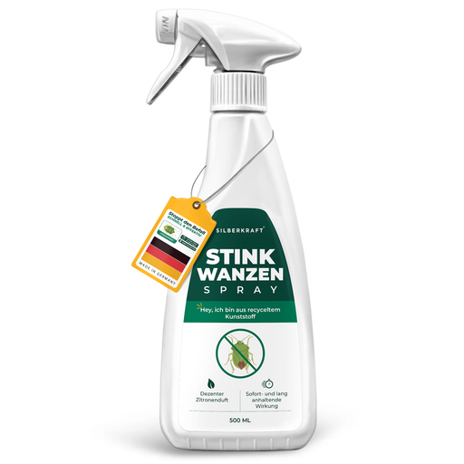 Silberkraft Stinkwanzenspray in einer weißen Sprühflasche mit grünem Etikett und einem Wanzen-Symbol, mit der Aufschrift "Stinkwanzenspray".