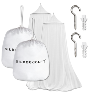 Das Produkt ist zweimal abgebildet. Dazu gehören zwei Dübel, zwei Wandhaken, zwei Verpackungsbeutel und zwei Netze.