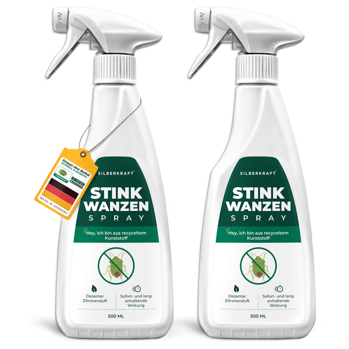 Mehrere Ansichten der Silberkraft Stinkwanzenspray-Flasche, um das Produkt aus verschiedenen Perspektiven zu zeigen.