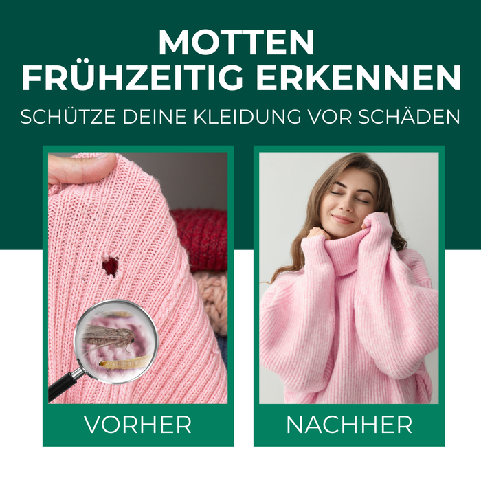 Vergleichsbild zur Mottenbekämpfung: links ein von Motten beschädigter Wollpullover mit Loch, rechts ein geschützter Pullover durch den Einsatz von Silberkraft Mottenfallen.