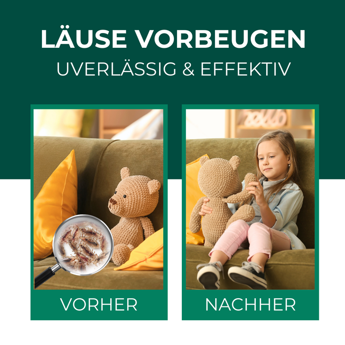 Läuse vorbeugen – zuverlässig & effektiv. Links Bild mit einem gehäkelten Teddybär auf einem grünen Sofa, eine Lupe zeigt Läuse auf dem Stoff. Beschriftung: 'VORHER'. Rechts Bild eines lächelnden Mädchens, das denselben Teddybär hält, ohne Läuse. Beschriftung: 'NACHHER'.