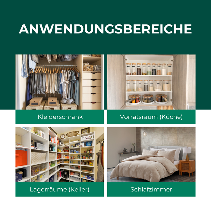 Empfohlene Einsatzorte für die Silberkraft Kleider-Mottenfallen: Kleiderschrank, Vorratsraum (Küche), Kellerräume und Schlafzimmer.