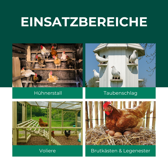Einsatzbereiche der Raubmilben gegen Rote Vogelmilbe: Hühnerstall, Taubenschlag, Voliere und Brutkästen